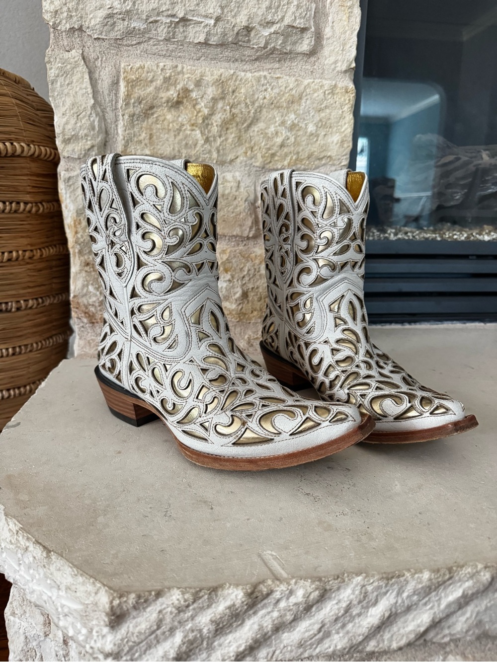 Ariat White and Gold Laser-Cut Western Ankle Boots